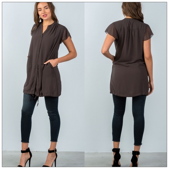 💜Sepia Flutter Sleeve Tunic Top w/ Tie Hem - Picture 2 of 4